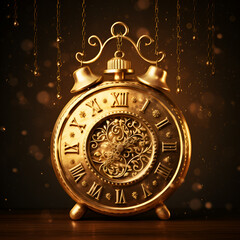 Fototapeta na wymiar 2025 New Year - Clock And Golden Fireworks - Countdown To Midnight - Abstract Defocused Background