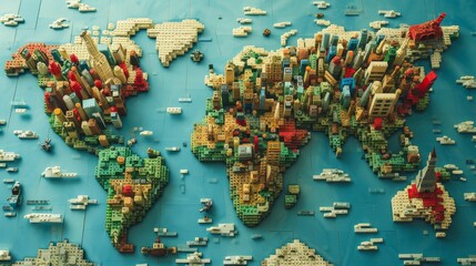 World map made of cubes. All continents of the toys world - obrazy, fototapety, plakaty