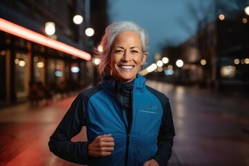 she's 50 year old, healthy women smiling in a Sport wear, Smartwatch. fast and hard running, wellbeing concept