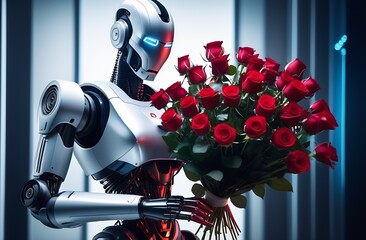 The robot holds a large bouquet of scarlet roses. Love, Relationship, Gift, Celebration