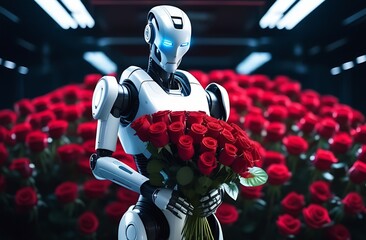 The robot holds a large bouquet of scarlet roses. Love, Relationship, Gift, Celebration
