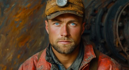 A striking portrait of a rugged man with piercing blue eyes, donning a stylish orange hat that adds...