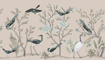 Vintage botanical garden tree, crane, Chinese birds, plant floral seamless border. Exotic chinoiserie mural.	