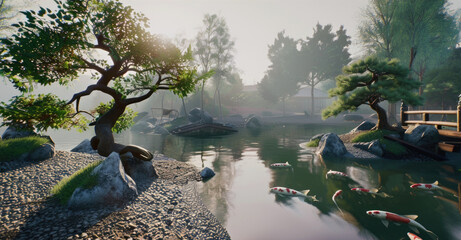 Zen Japanese Garden: a peaceful scene depicting a traditional Japanese garden with a koi pond, meticulously raked gravel, and bonsai trees sculpted into elegant shapes.