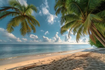 a sandy beach with palm trees and the ocean in the background