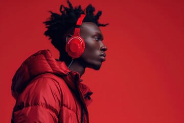 afroamerican man with red wireless headphones ,wearing red jacket and black pants on street - obrazy, fototapety, plakaty