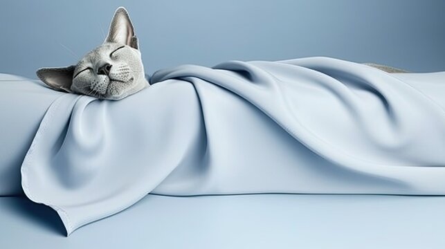 sleeping grey cat, minimalism on a blue background wall with free space Generative AI