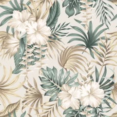 Gardinen Pflanzen Muster  Tropical white hibiscus flower, green palm leaves seamless pattern. Exotic jungle wallpaper.   © good_mood