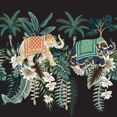Indian elephant, palm trees, leaves, lotus, orchid flower, tropical plant seamless pattern. Jungle wallpaper.	
