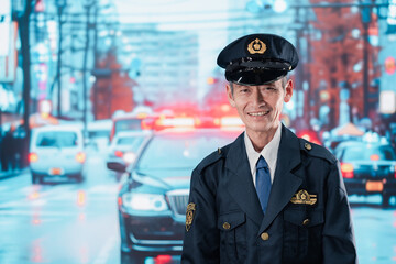 Obraz premium 道路で警戒にあたる男性の警察官