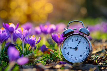Alarm clock among blooming crocuses, spring forward concept. Spring time change, first spring flowers, daylight saving time. Daylight savings, lose an hour.