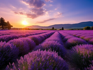Fototapeta premium Vibrant lavender blossoms create a stunning purple landscape in a picturesque field under the sky.