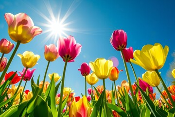 A field of colorful tulips with leaves with the sun shining through them
