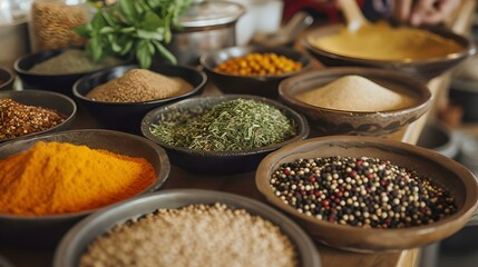 Fototapeta premium Assortment of exotic spices and herbs in wooden bowls on a kitchen table