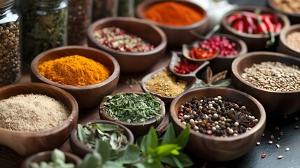 Fototapeta premium Assorted spices in wooden bowls on a dark table â€“ a culinary artist's palette