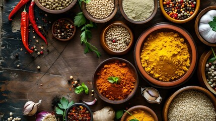 Assorted spices in bowls on dark wooden background â€“ a culinary artist's palette