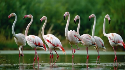 Elegant Flamingos Standing Gracefully on One Leg in Shallow Lake AI Generated.