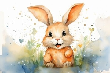 Watercolor illustration of a bunny among the greenery. Aquarelle splashes. Concept of funny cartoon character, and charming wildlife portrayal. - obrazy, fototapety, plakaty