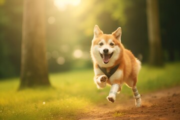 Energetic Corgi with a prosthetic legs running joyfully in the park. Concept of pet resilience, animal prosthetics, and active lifestyle for dogs. - obrazy, fototapety, plakaty