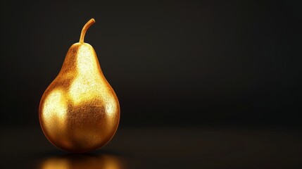 Golden pear made of gold on a dark background, suitable for minimalist design or premium product illustration, emphasizing value and elegance. Jewelry fruit. Banner with copy space - obrazy, fototapety, plakaty