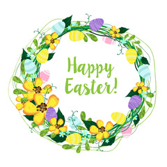 Fototapeta na wymiar Easter wreath with Easter eggs, flowers, leaves and branches on white background. Design for your greeting cards, banners, flyers. Vector in modern style.