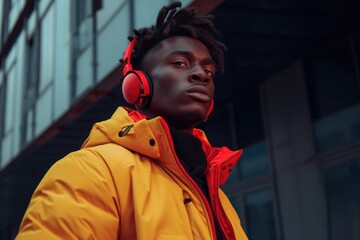 afroamerican man with red wireless headphones ,wearing yellow jacket and black pants on street