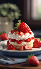 Pie with protein cream and strawberries