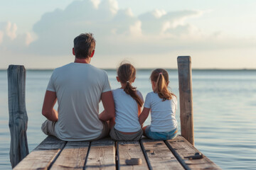 Fototapeta premium Back view of father and two children sitting together on jetty. Generative AI