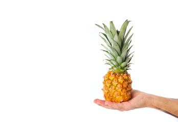 man's hand holding a natural mini pineapple on white background