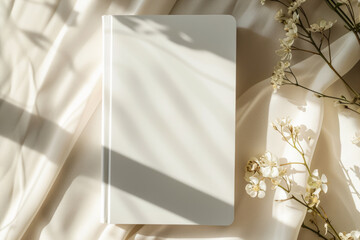 Mockup of a blank cover white book with a sunny background. Generative AI