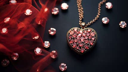 A heart shaped pendant with a red ribbon and pink stones, AI - Powered by Adobe