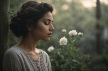 Naklejka premium Mujer reflexionando en un jardín de rosas