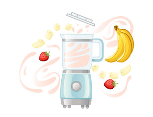 Stationary blender with fresh banana and strawberry household electrical kitchen equipment for blending and mixing vector illustration isolated on white background