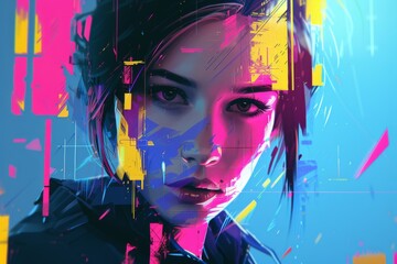A vibrant and expressive woman's face comes to life through bold squares of color in a stunning painting