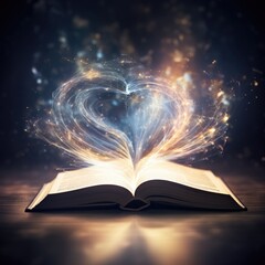 Open book with light rays coming out of the pages, fantasy concept