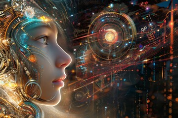 A woman's face illuminated by a futuristic display, merging art and technology into a mesmerizing portrait