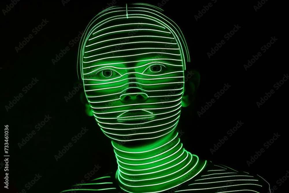 Poster an artist's face glows with vibrant emerald lights, illuminating their passion for creating luminous
