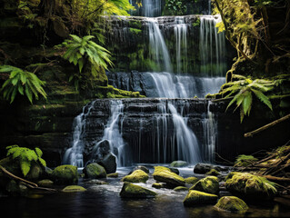 A lush green waterfall flowing gracefully through a picturesque landscape, adorned with ferns and moss.