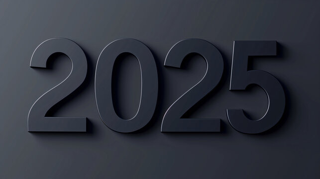 black 3d number 2025 on black background. Minimalist New Year dark banner