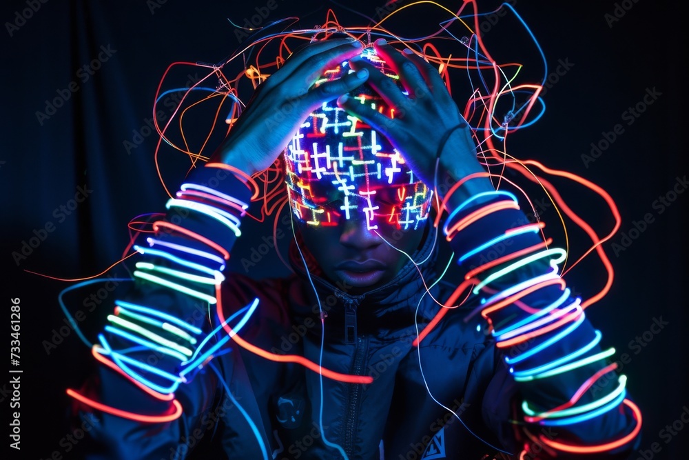 Poster a striking portrait of a luminescent figure, their face adorned with glowing neon lights that illumi