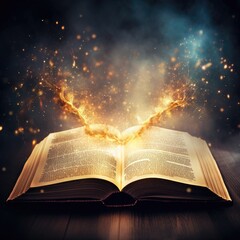 Open book with light rays coming out of the pages, fantasy concept