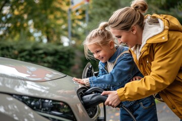 Obraz premium Daughter assisting mother with electric car charging.
