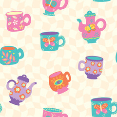 Groovy 70s style Seamless pattern with teapot and cups of tea. Cute mugs, cups, teapots and coffee cups on checkered background. Flowers and butterflies print on cups