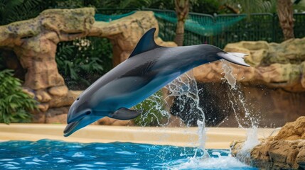 Fototapeta premium Joyful Dolphin Leaping in a Graceful Arc AI Generated.