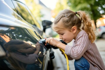 Obraz premium Charging electric car with daughters help