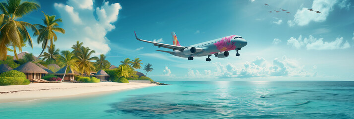 Obraz na płótnie Canvas Colorful Airplane Landing on Tropical Island, Vibrant Beach Holiday, Exotic Travel Destination with Palm Trees