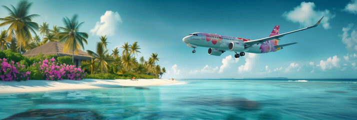 Obraz na płótnie Canvas Colorful Airplane Landing on Tropical Island, Vibrant Beach Holiday, Exotic Travel Destination with Palm Trees