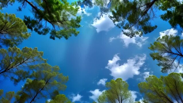 Clear blue sky through the foliage of majestic trees