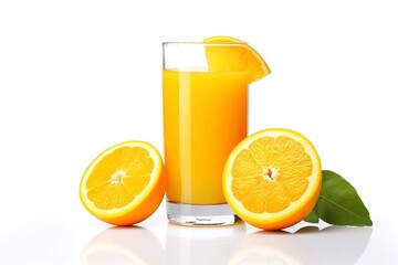 Glass of orange juice with slice of orange and leaves isolated on white background