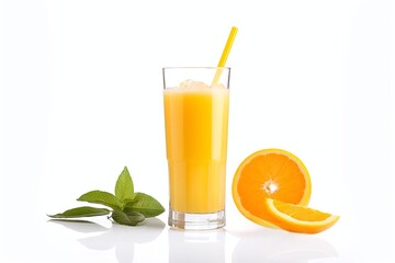 Glass of orange juice with fresh orange and mint and drinking straw isolated on white background